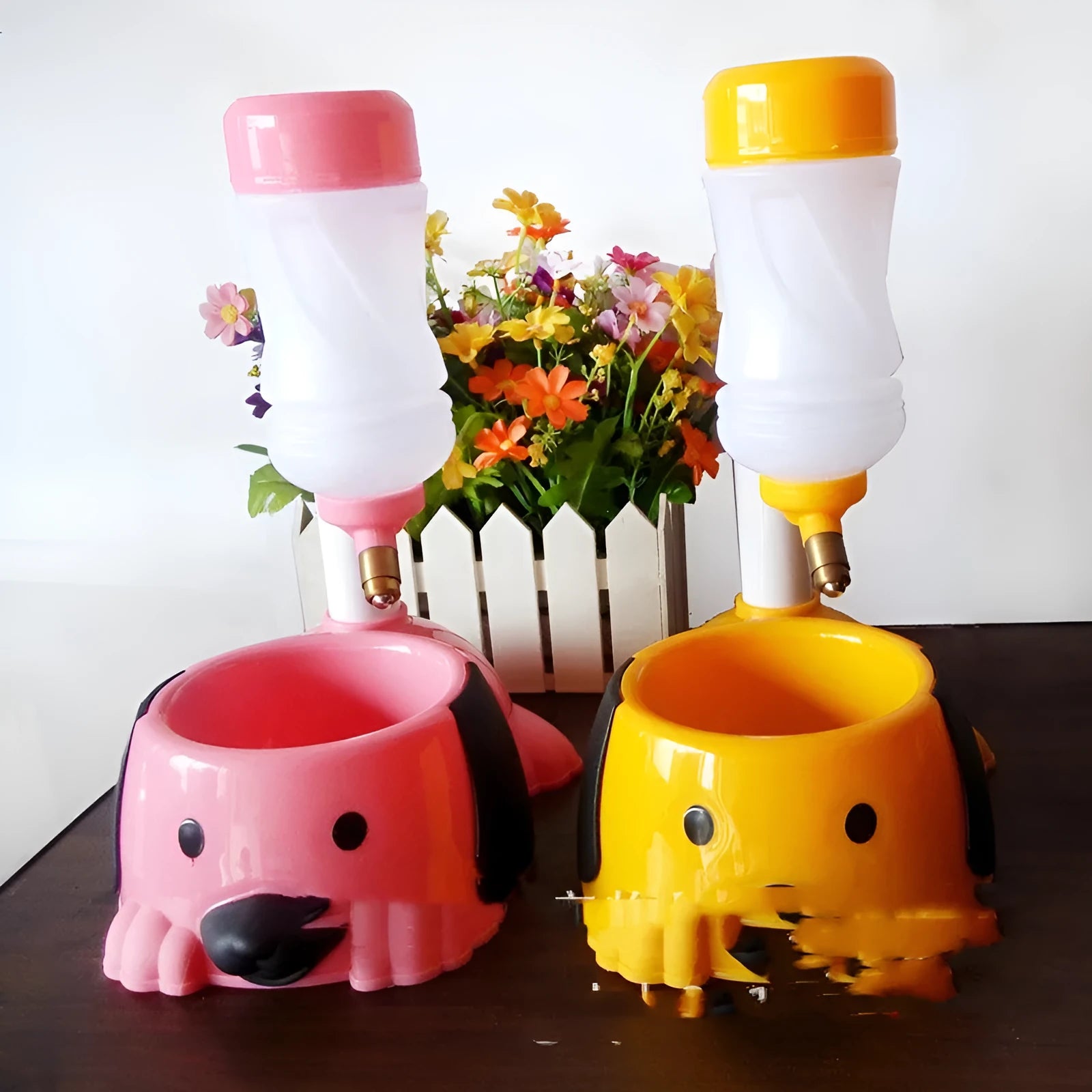 Adjustable rod-lift pet drinking bowl in pink, blue or yellow colours with height adjustment to 42 cm