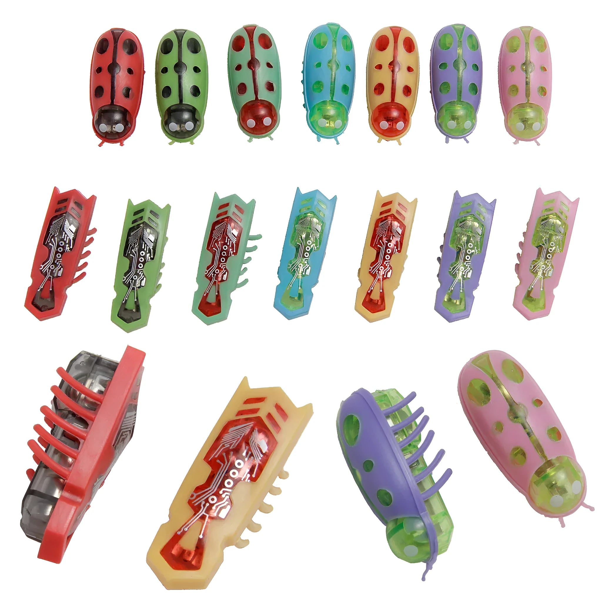 Small electric ladybug cat toy with 12 angular legs on hard floor surface