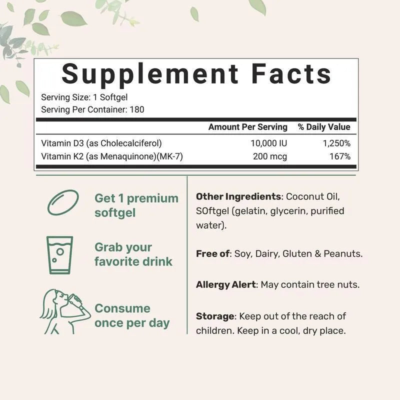Vitamin D3 K2 soft capsule supplement in picture colour pack of 180 tablets