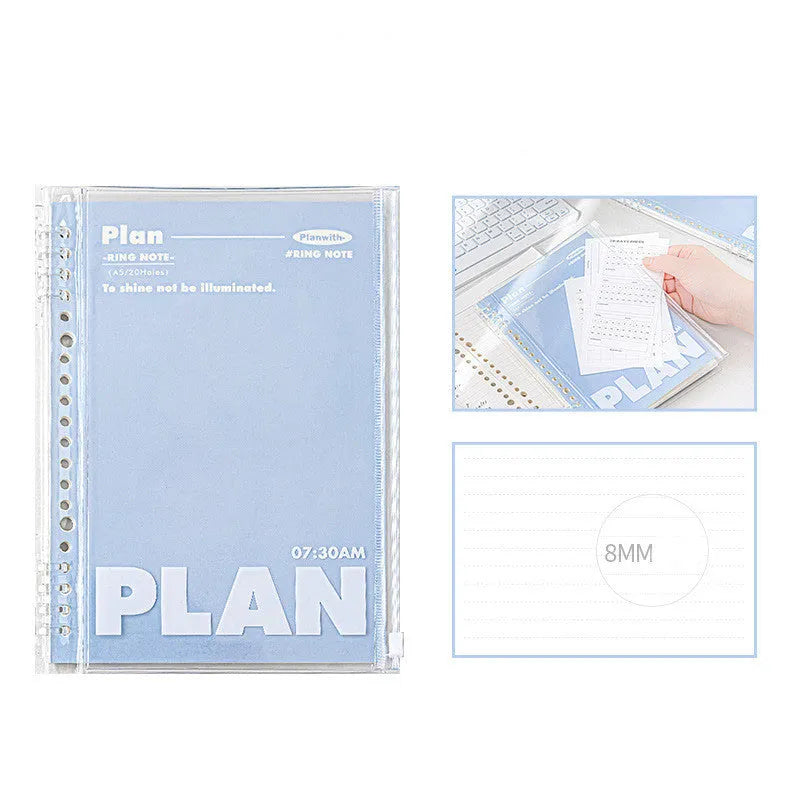 Transparent A5 PVC document canister with spiral notebook in white or blue, 148 × 210mm dimensions