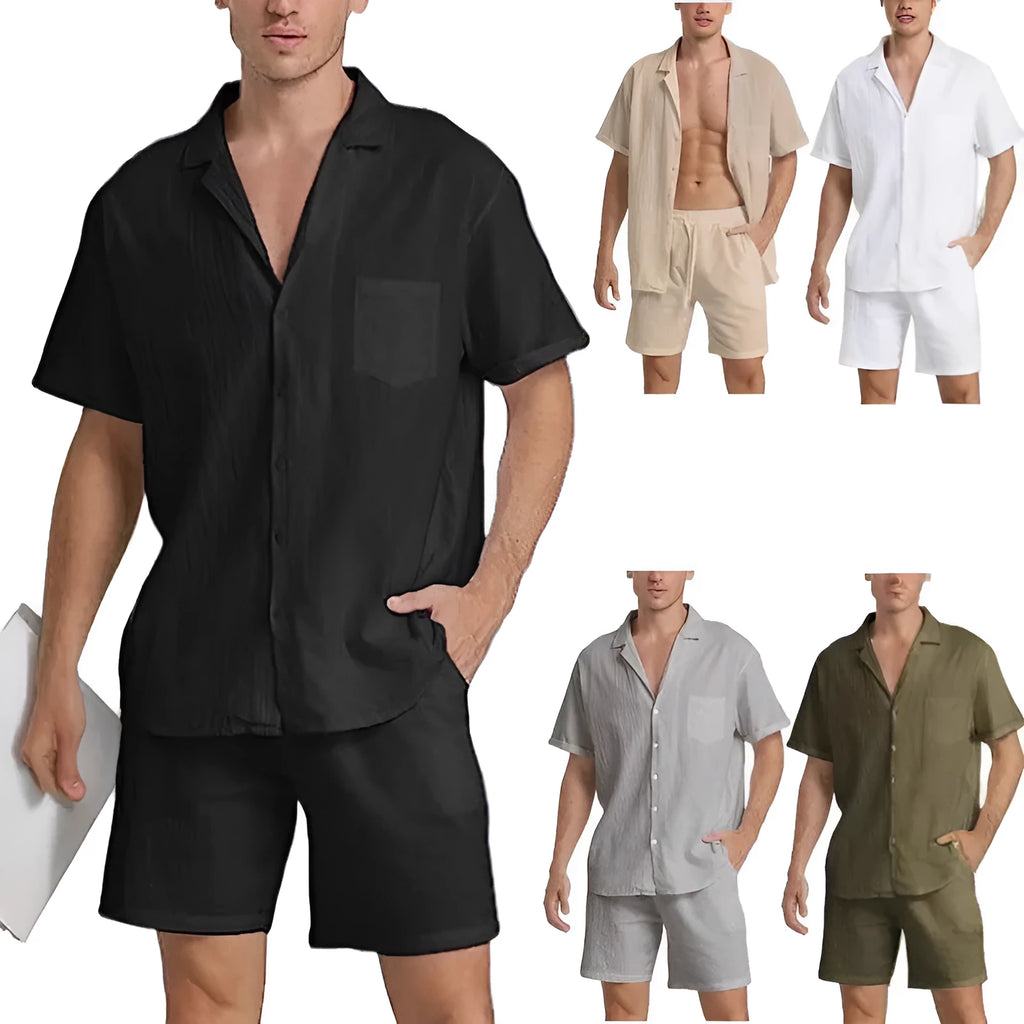 Men's flax summer sports shorts suit with short-sleeved top and matching athletic shorts