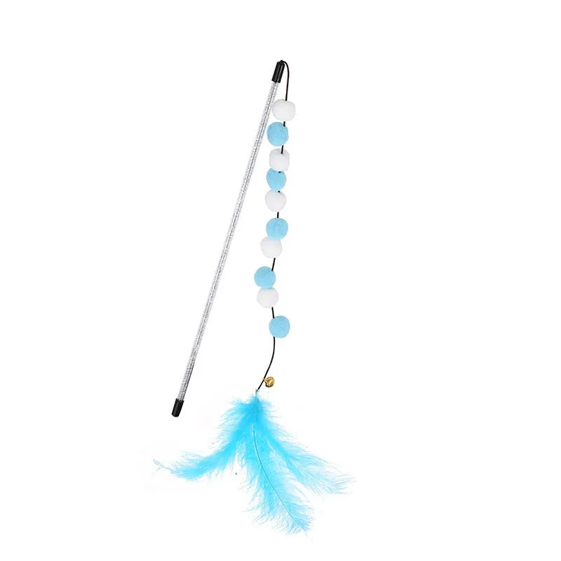 Colourful cat teaser stick with acrylic pompons, feathers, and bell on 31cm lightweight rod