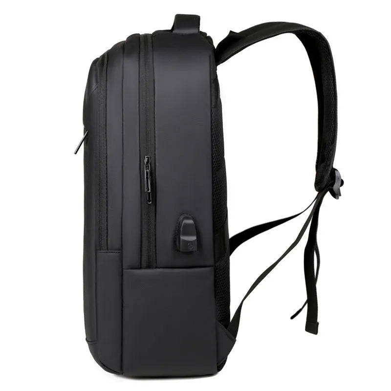 Black waterproof USB laptop backpack with air pillow belt and polyester lining
