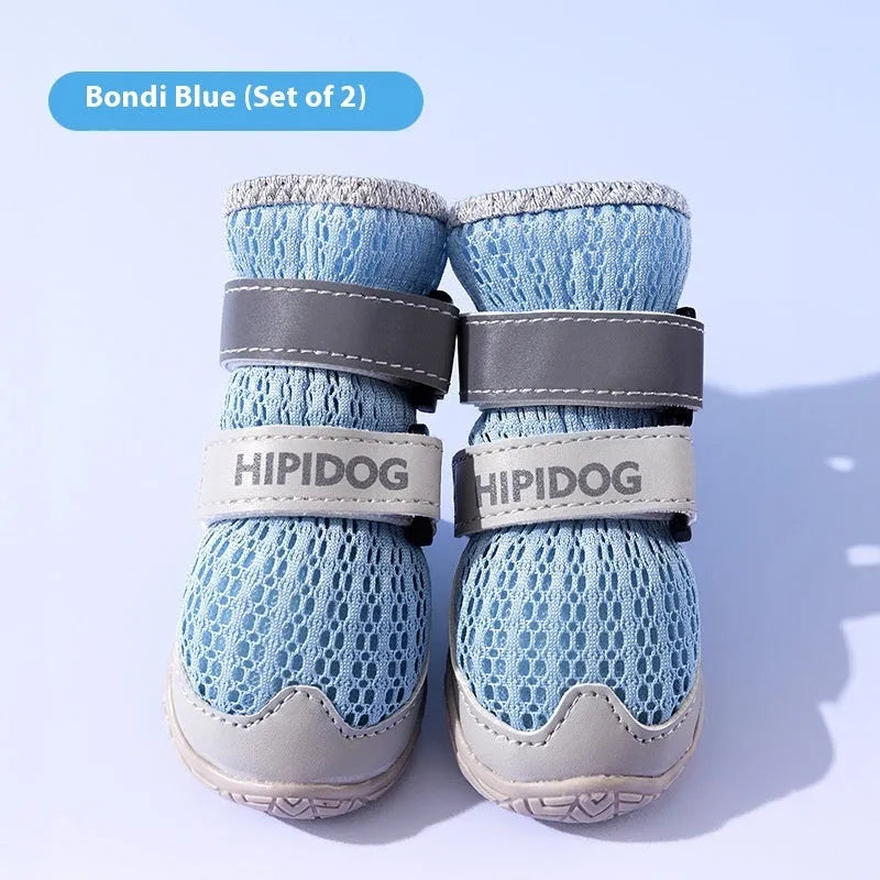 Cartoon-style blue and green dog shoes with wear-resistant PU soles for summer paw protection.