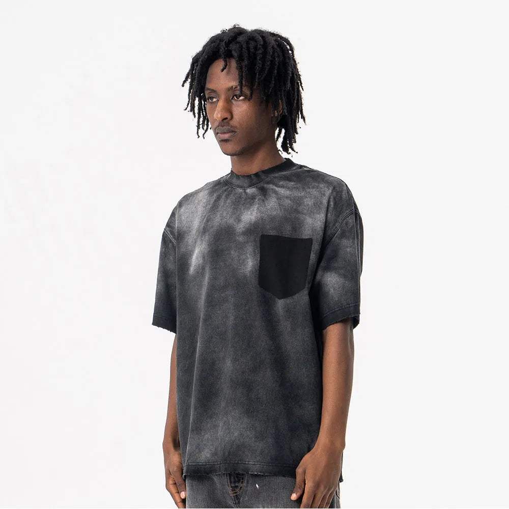 Black men's cotton t-shirt with drop-shoulder sleeves and printed letter pattern