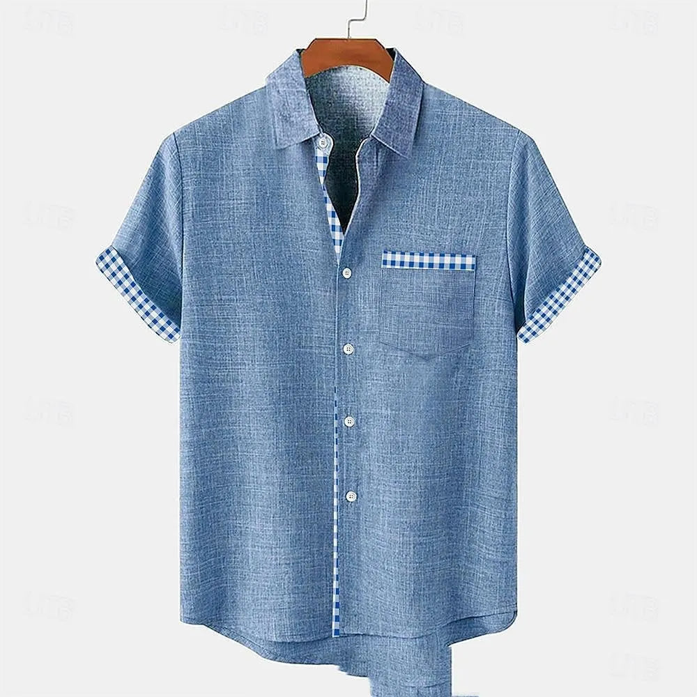 Linen short-sleeved casual shirt with a printed ocean fish pattern, shown in a loose fit.