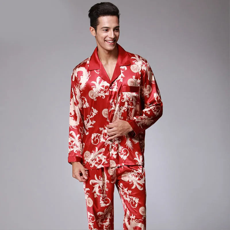 Men's long sleeve pajama set in simulation silk with V-neck lapel, available in multiple colours