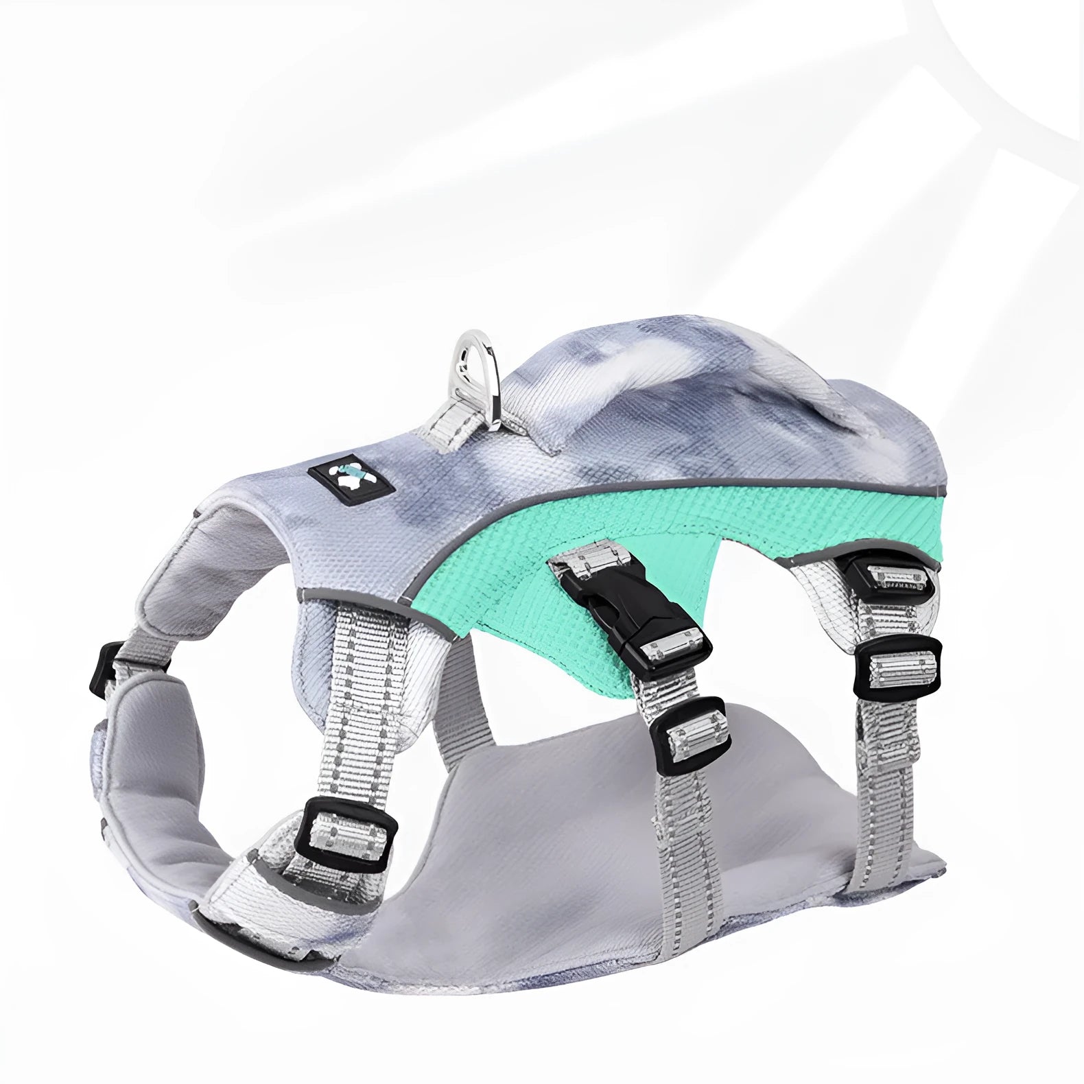 Reflective light blue dog harness chest strap shown on a canine mannequin.