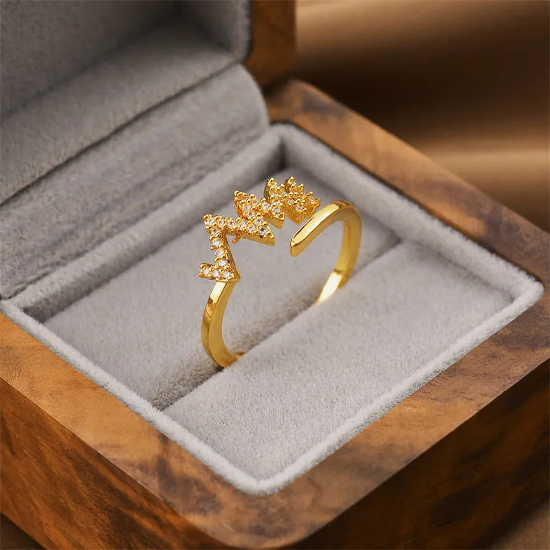 Gold tone geometric open back fashion ring on a hand, showing its adjustable design.