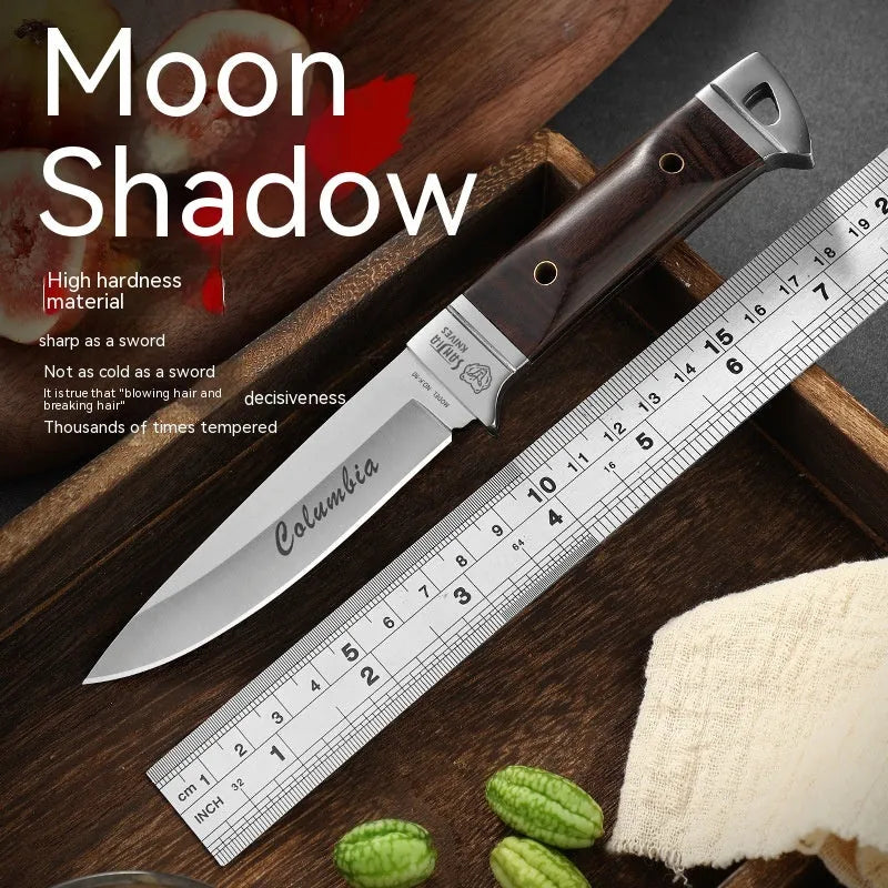 Camping knife with leather sheath case showing stainless steel blade and national style design.