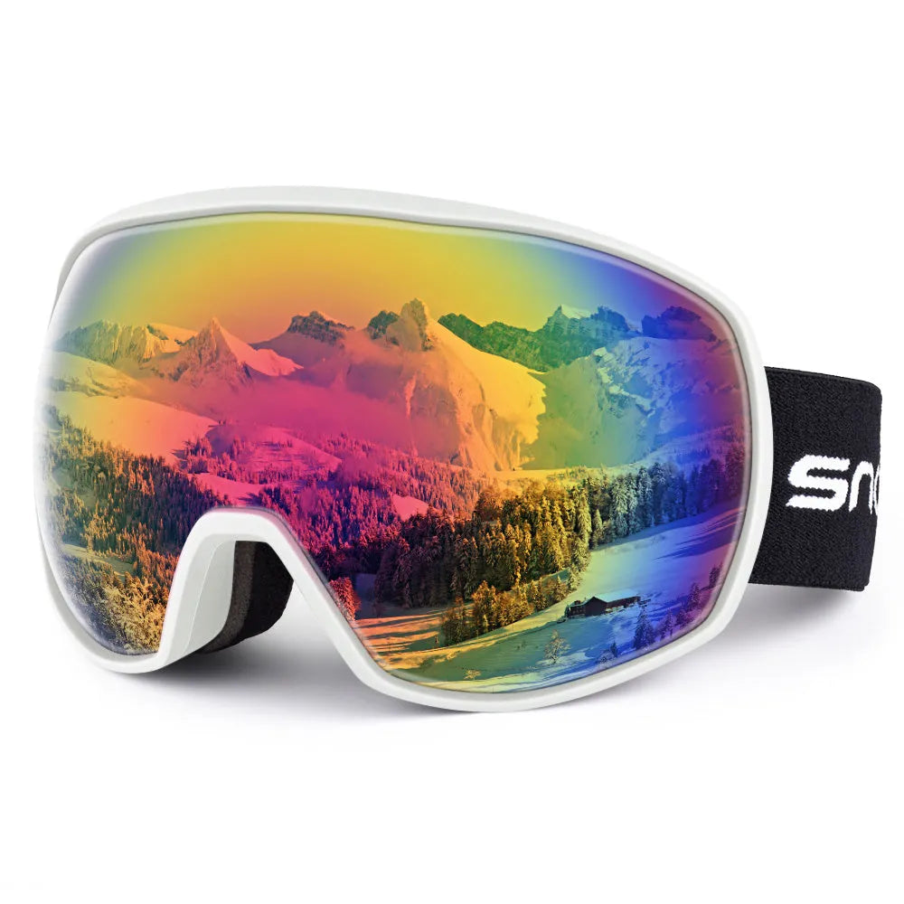 Double-layer anti-fog ski goggles in glossy white frame with pink dual lens and SNOWLEDGE laser logo
