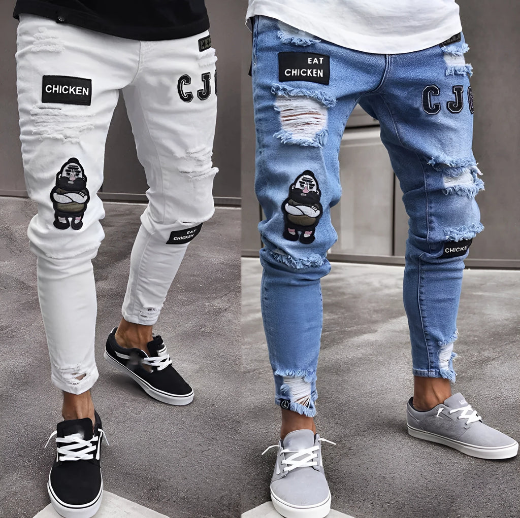 Cotton knee hole zipper trousers in black, blue, and white, mid-waist fit