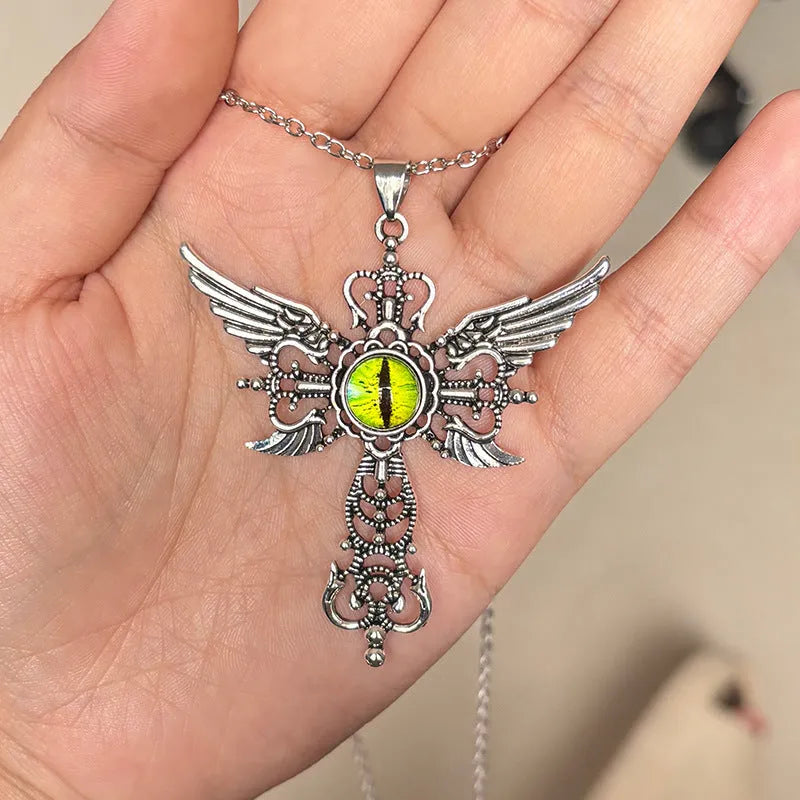 Geometric devil wings cross pendant necklace in alloy metal showing colour options