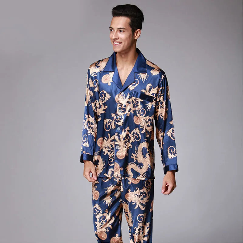 Men's long sleeve pajama set in simulation silk with V-neck lapel, available in multiple colours