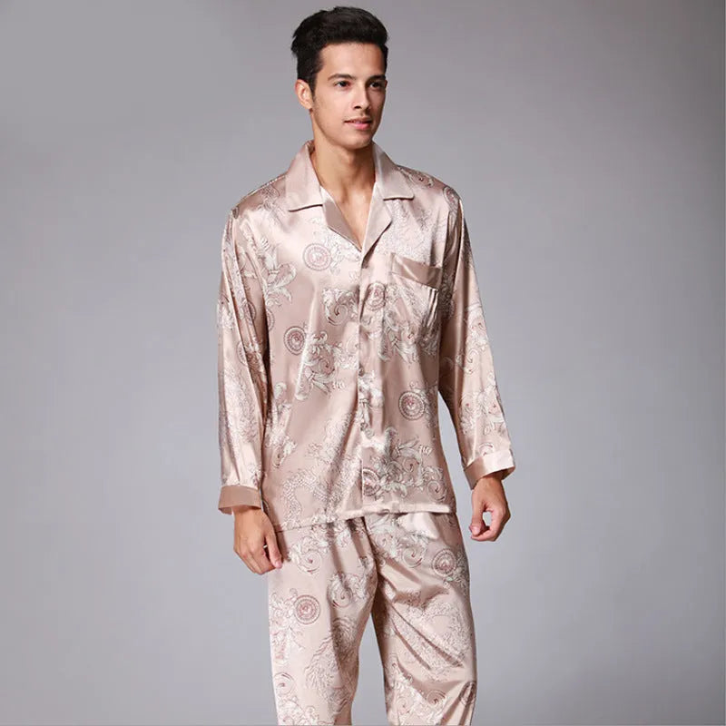Men's long sleeve pajama set in simulation silk with V-neck lapel, available in multiple colours