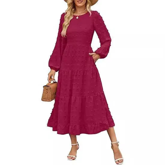 Women's long sleeve dress with high waist and ruffled sleeves in autumn colours
