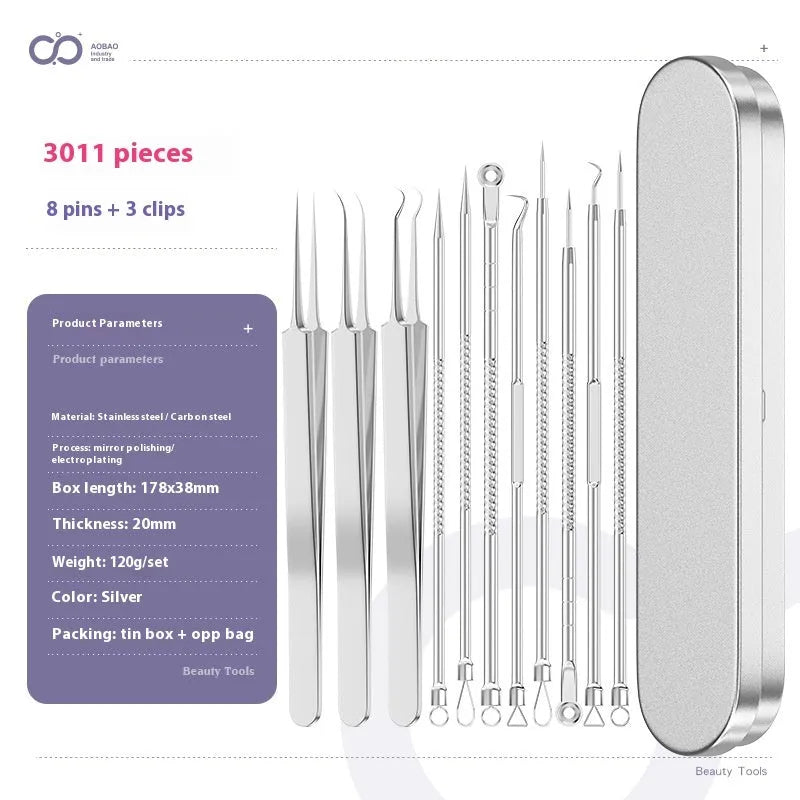 Four-piece silver metal acne needle set with fine-pointed needles and a clip for skin blemish removal.