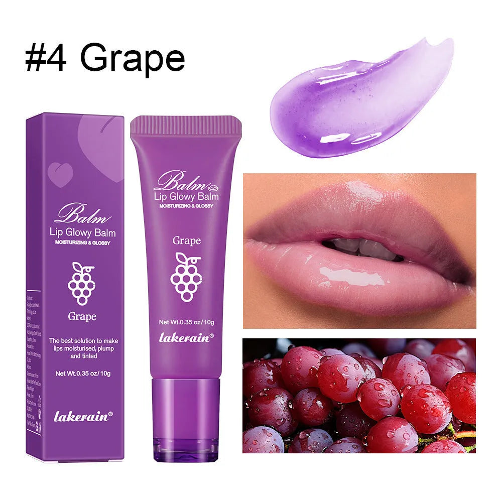 Women's lip gloss with four flavour options: berry, grape, grapefruit, and yellow peach