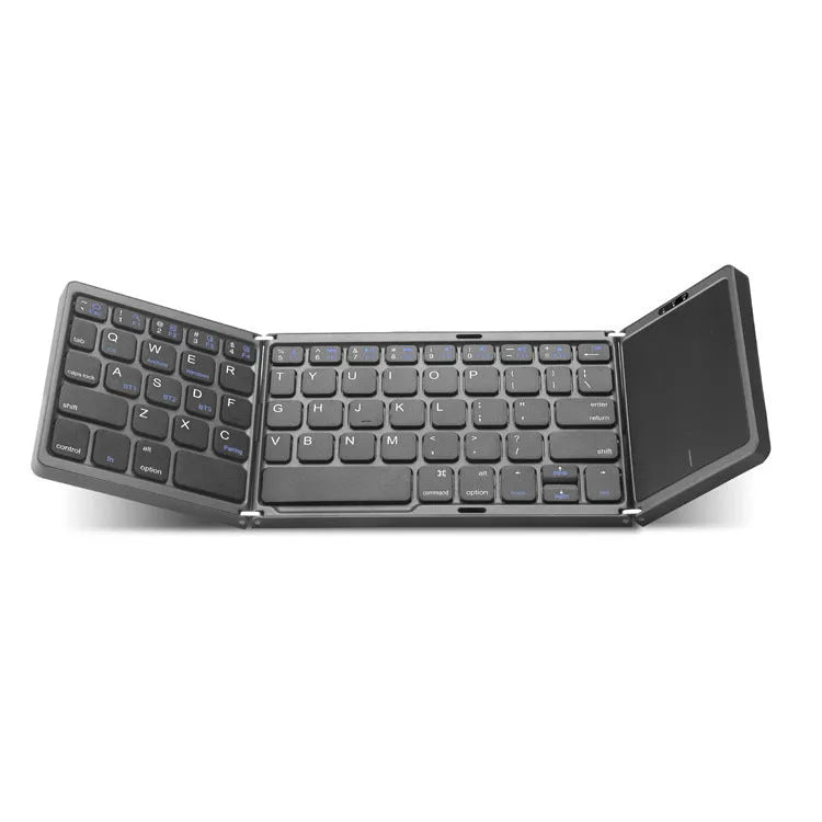 Three folding wireless Bluetooth keyboard with touch pad in black, 30.4 cm wide, folded position