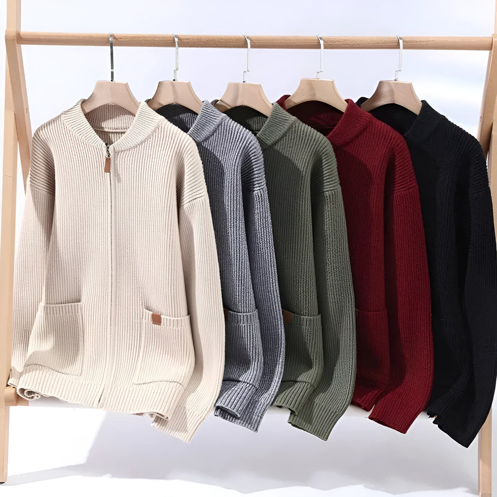 Men's striped sweater cardigan jacket in chemical fibre blend fabric shown in straight cut design