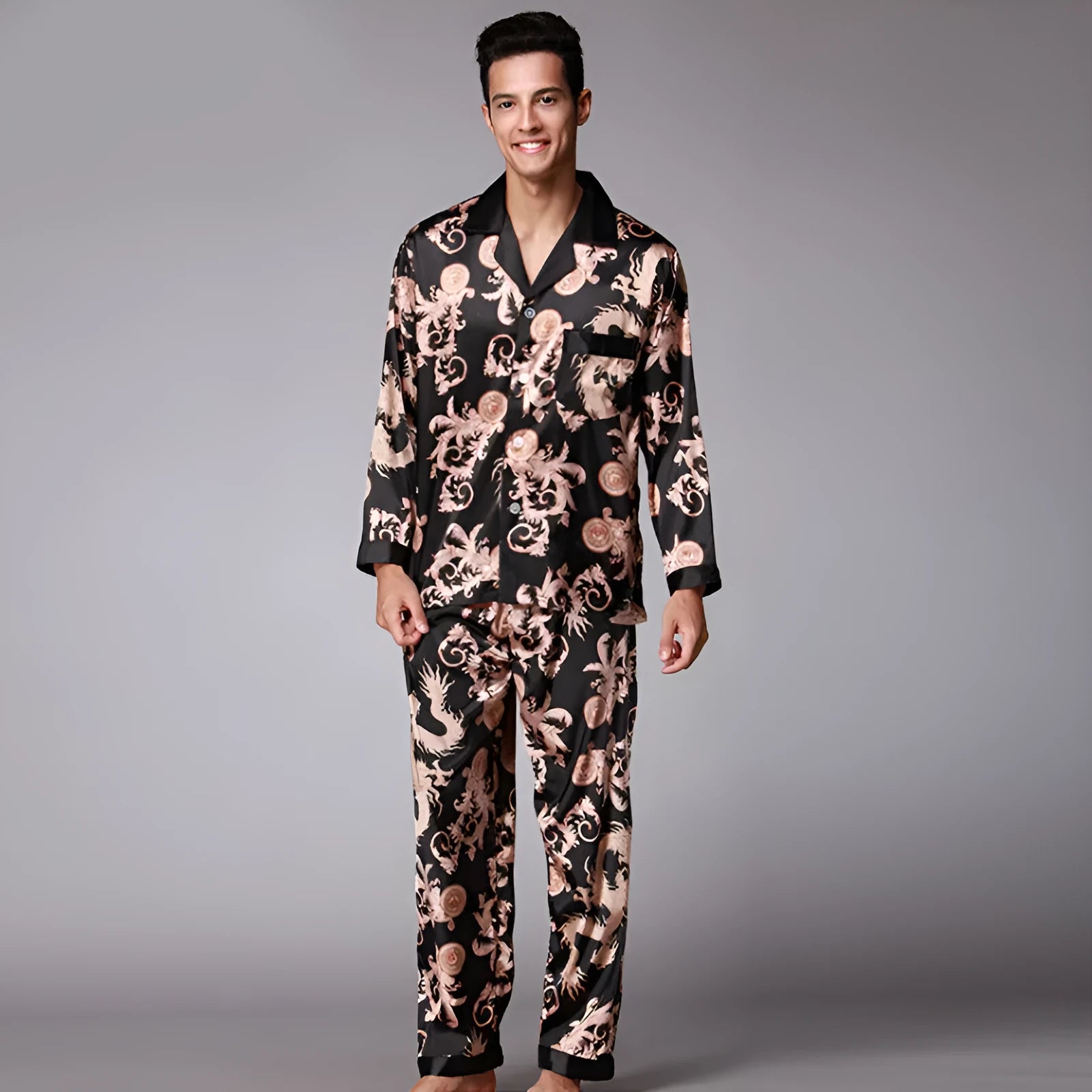 Men's long sleeve pajama set in simulation silk with V-neck lapel, available in multiple colours