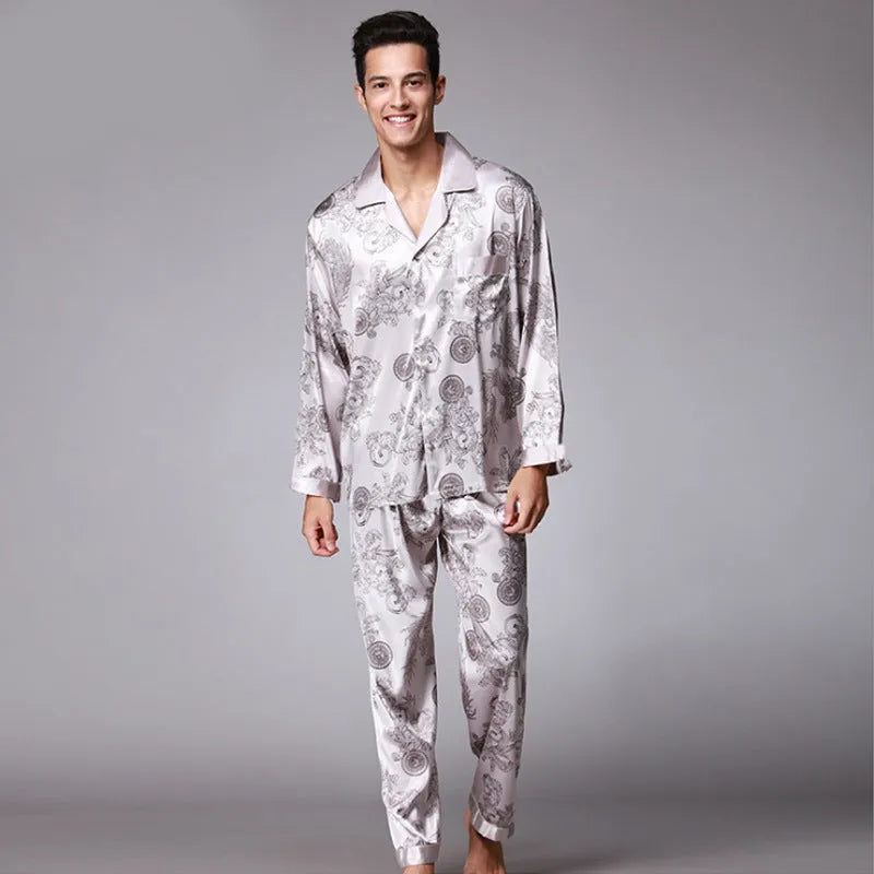 Men's long sleeve pajama set in simulation silk with V-neck lapel, available in multiple colours
