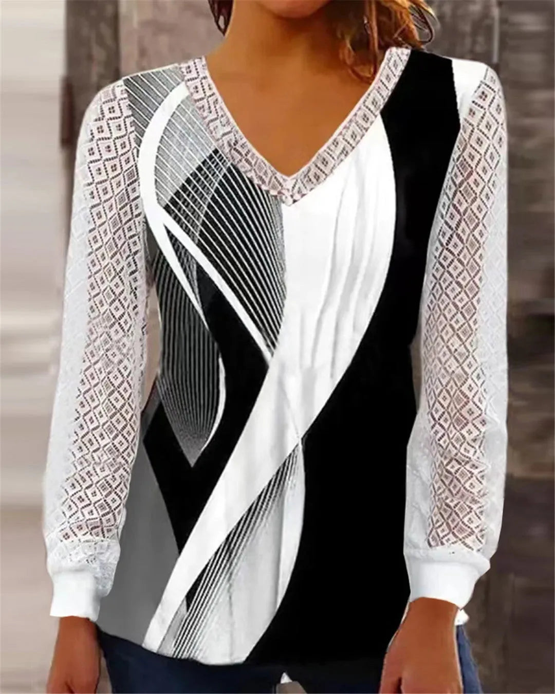 Purple V-neck loose print hollow-out lace top with long sleeves