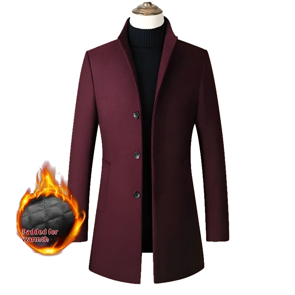 Men's single-breasted stand collar wool winter coat in solid colour front view