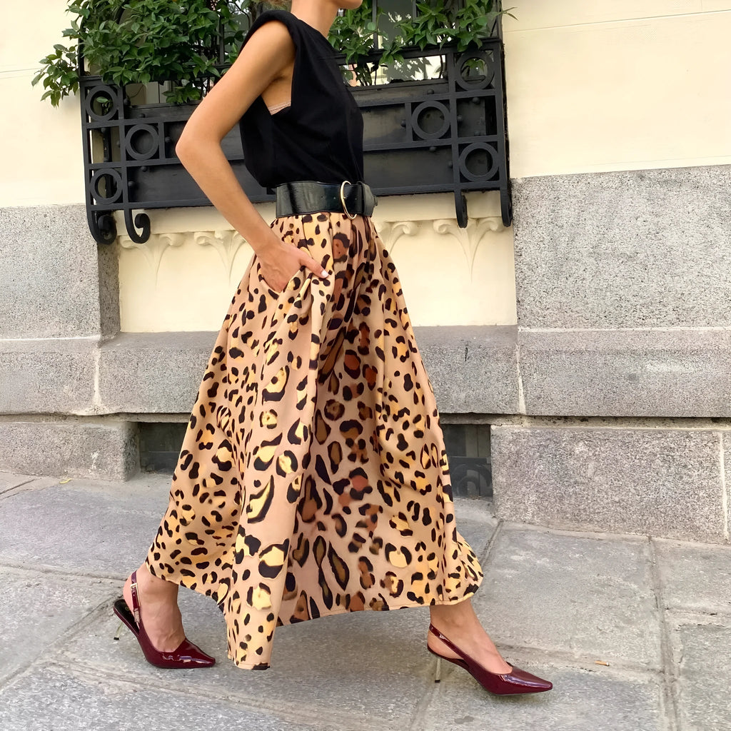 Brown leopard print women's A-line skirt with long length and big hem detail