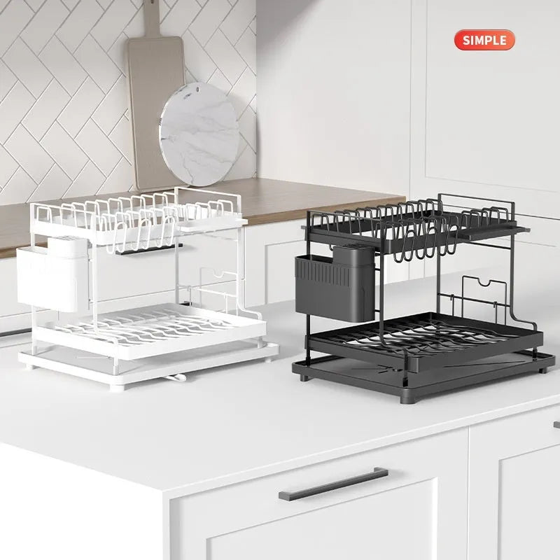 White double-layer kitchen storage rack with removable draining feature