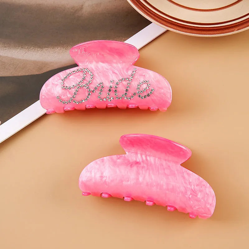 Pink and white 10cm acrylic shark hair clip with diamond spot drill decoration on both sides