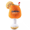 Yellow beer bottle cup squeaky plush dog toy with teeth-cleaning feature
