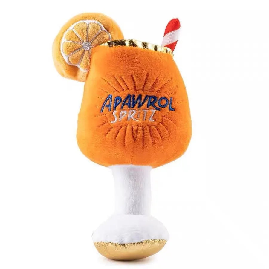 Yellow beer bottle cup squeaky plush dog toy with teeth-cleaning feature