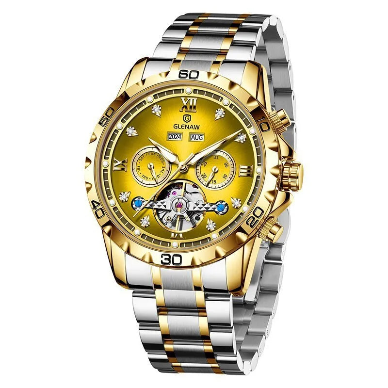 Men's automatic mechanical business watch with stainless steel strap and mineral glass face in multiple colour options
