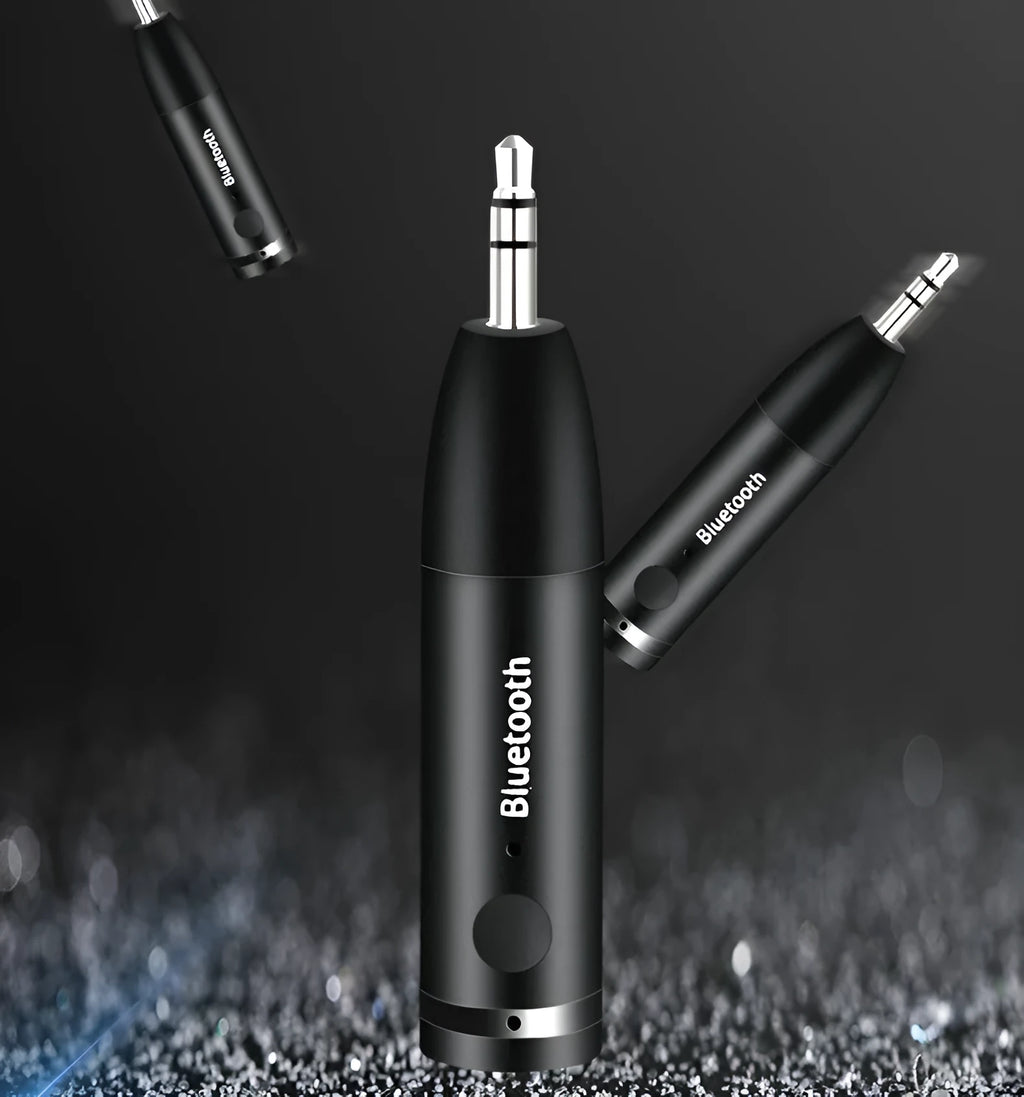 Black Bluetooth AUX receiver for car and home stereos with 70mm compact design