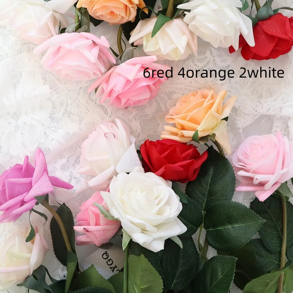 Artificial silk touch rose flower with red petals on a green plastic stem, showing approximate 42cm length.