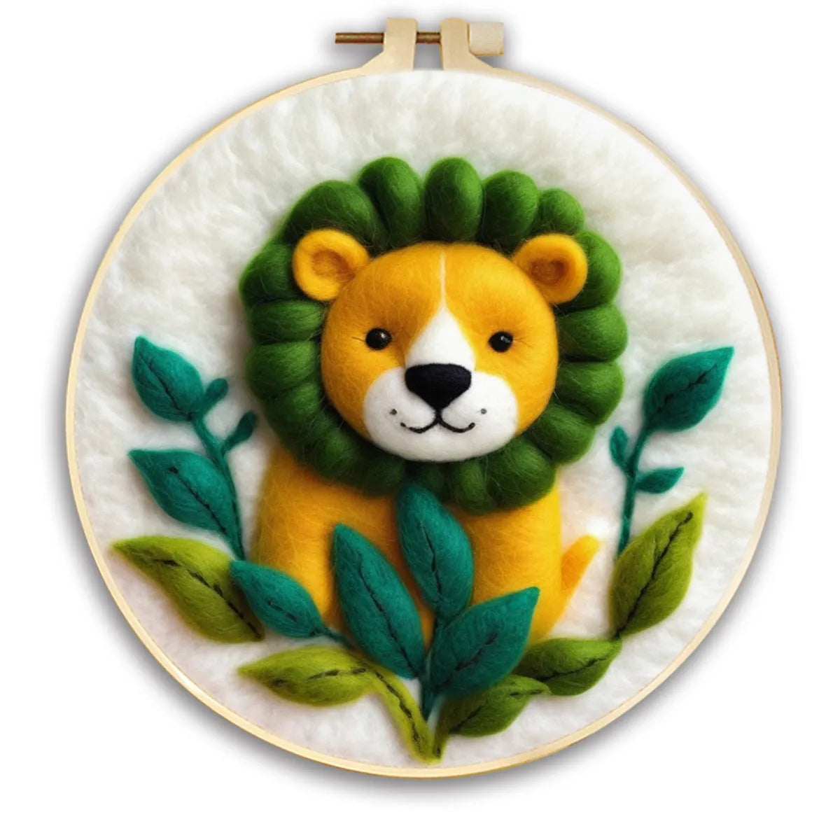 Round 20x20 cm linen embroidery kit with wool felt pieces for floral design and included embroidery frame.