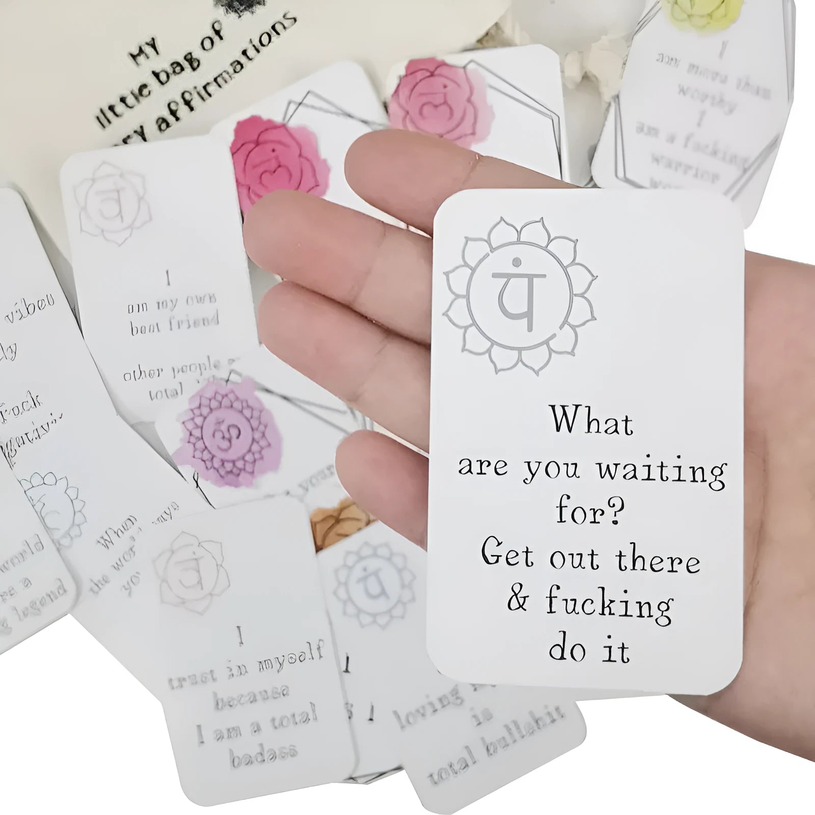Set of 16 funny affirmation cards with soft colours and healing series design