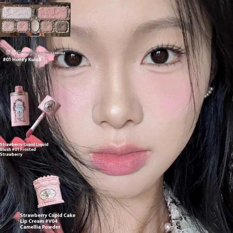 Strawberry Cupid Series Liquid Blush in one of six shades, shown on a hand or with swatches.