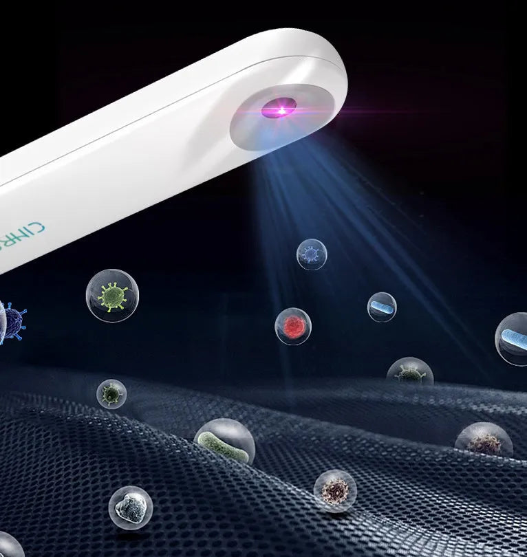 White portable ultraviolet sterilizer lamp showing compact size and dimensions.