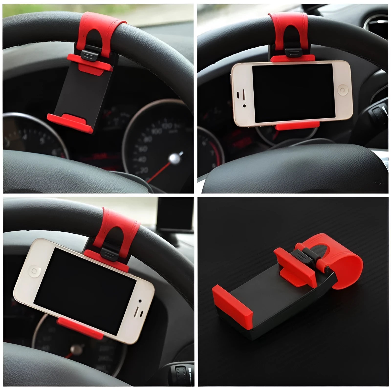 Universal car steering wheel clip mount holder for smartphones and GPS devices in black or red