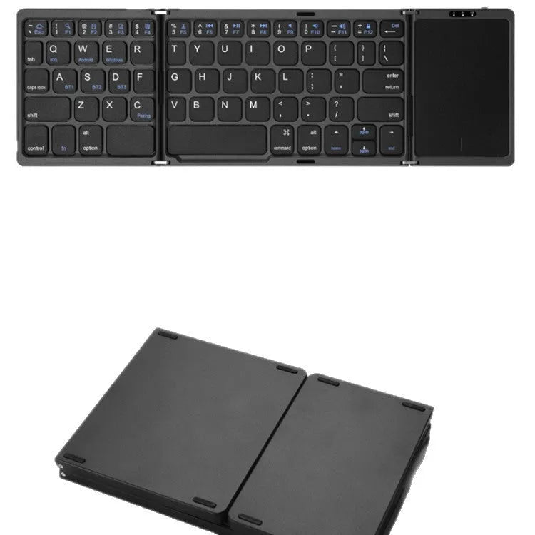 Three folding wireless Bluetooth keyboard with touch pad in black, 30.4 cm wide, folded position