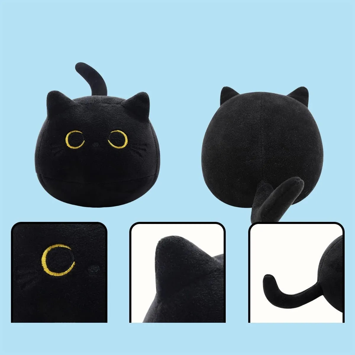 Fluffy black cartoon cat plush toy, 28cm tall, on a neutral background.
