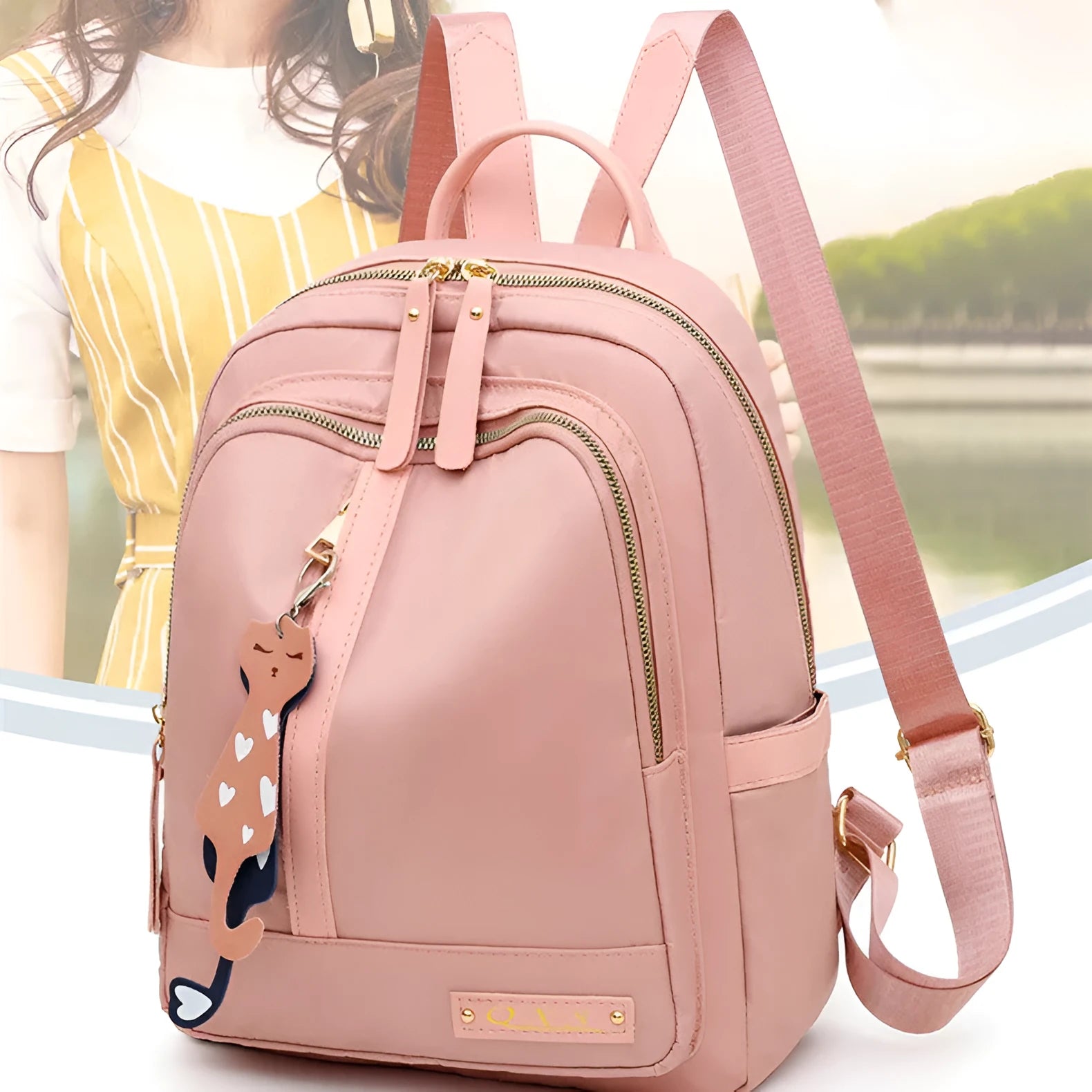 Women's casual nylon backpack in black or pink with square shape, showing external pocket and double straps.