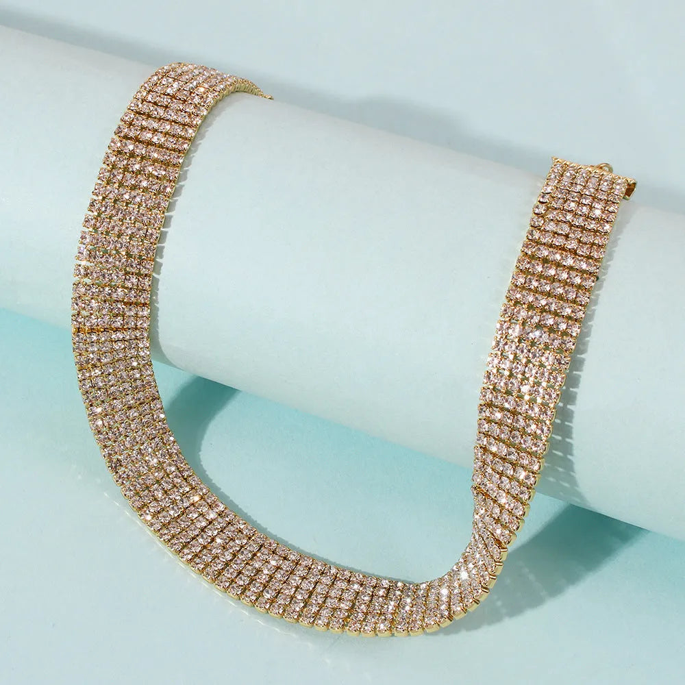 Full rhinestone alloy clavicle chain necklace in six rows of drills gold geometric shape women's European American style