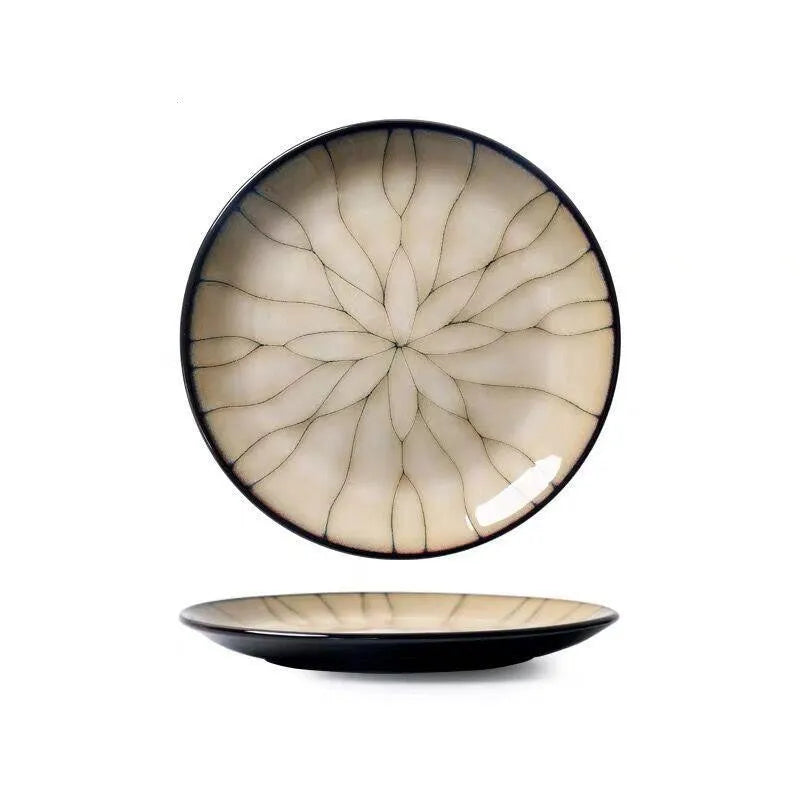 Japanese style porcelain round flat plate 21cm with underglaze colour art design