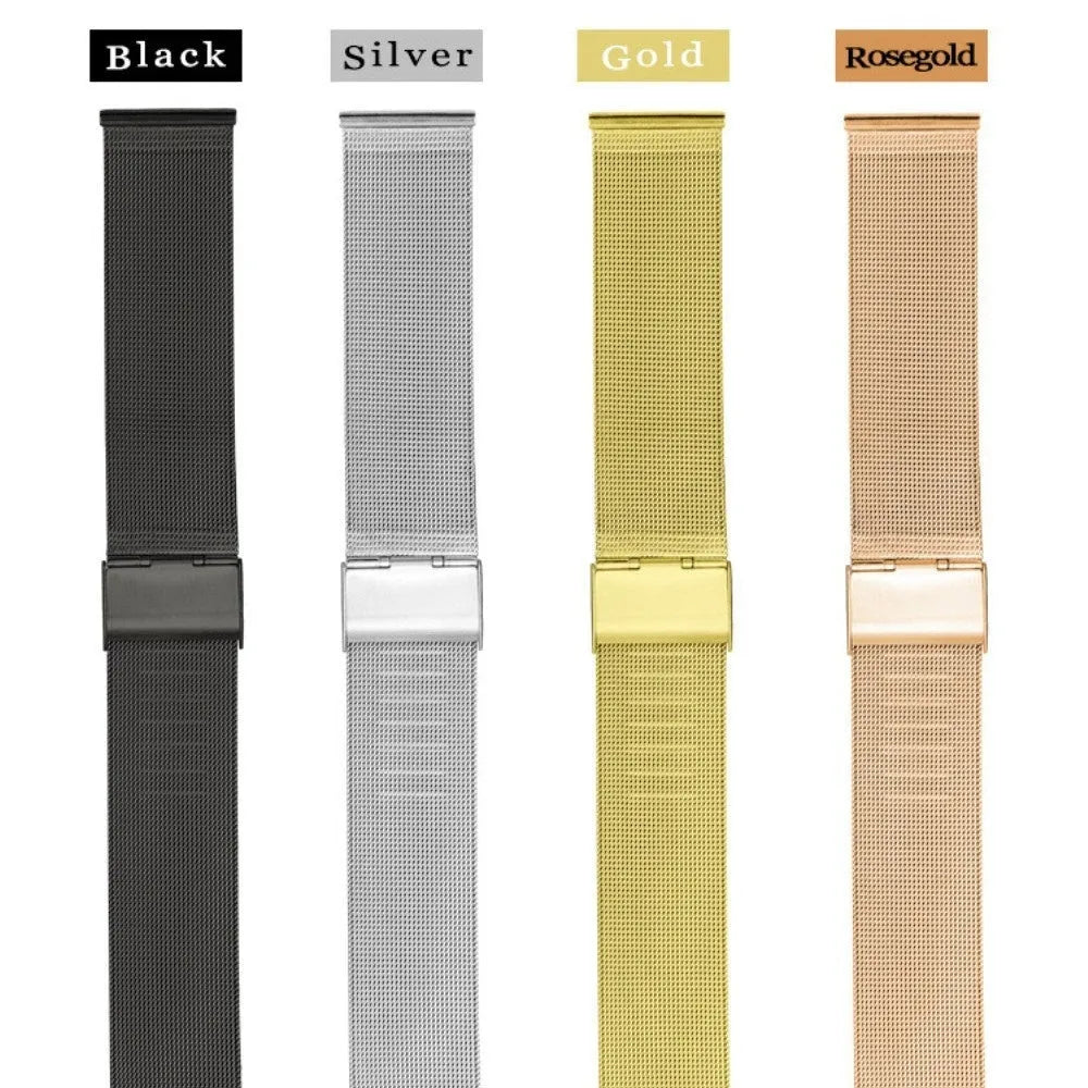 Milani silk woven stainless steel watch band showing silver, black, rose gold, and gold colour options
