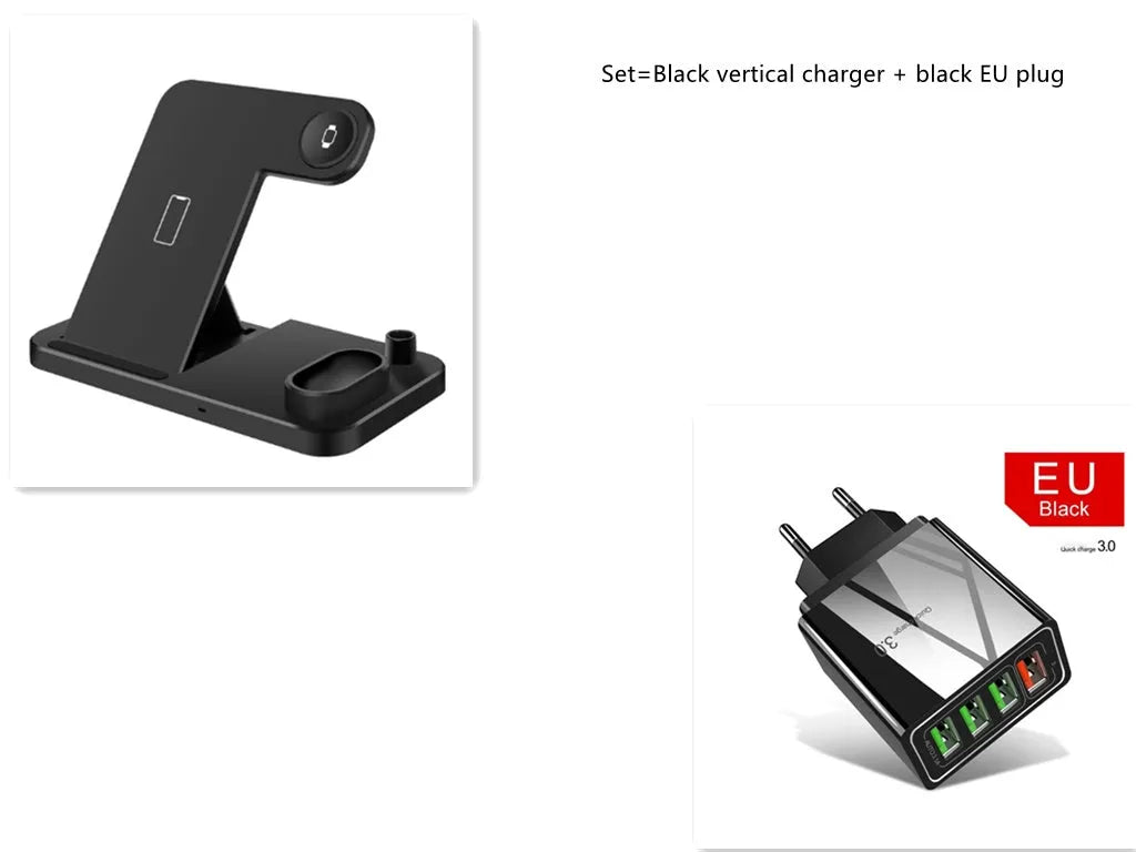 Black and white 4-in-1 wireless charging station showing phone on adjustable stand, Apple Watch, AirPods, and Apple Pencil charging simultaneously.