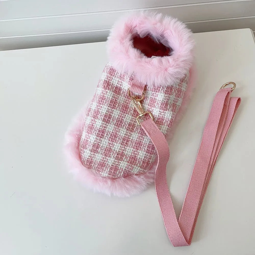 Pink cat costume with beret and cape featuring integrated hand-held lead for fancy dress events
