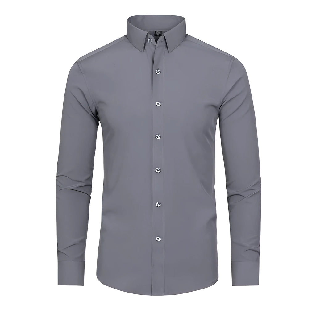 Men's solid gray non-iron four-way stretch polyester long-sleeved shirt with cardigan front, Asian sizes 38-48